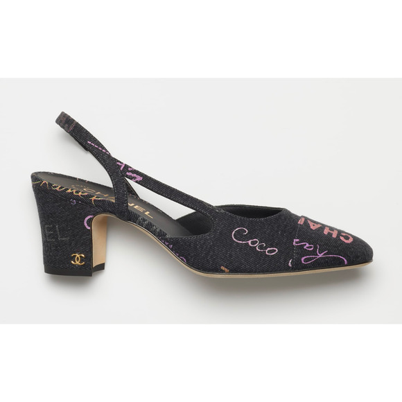 Chanel 22P Mademoiselle Coco Sling CC Black Grey Denim Slingback Sandal Heel 40 - Picture 1 of 12